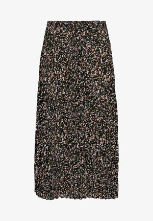 Falda larga floral en verde oscuro con un diseño plisado, que presenta pequeñas flores rosas, blancas y marrones. Cintura elástica para un mejor ajuste.