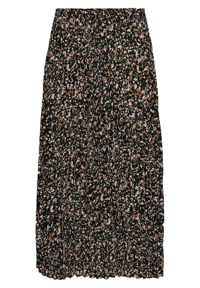 Květinová maxi sukně v tmavě zelené barvě s plisovaným designem, zdobena malými růžovými, bílými a béžovými květinami. Elastický pas pro pohodlné nošení.