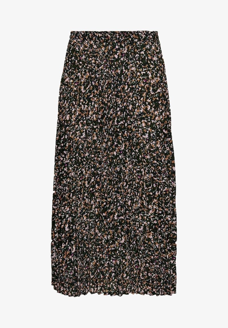 Květinová maxi sukně v tmavě zelené barvě s plisovaným designem, zdobena malými růžovými, bílými a béžovými květinami. Elastický pas pro pohodlné nošení.