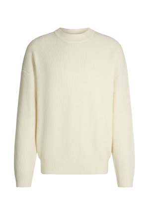Cremefarbener, gerippter Strickpullover mit Rundhalsausschnitt, langen Ärmeln und lockerem Schnitt.