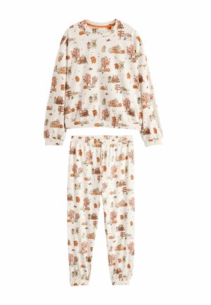 Matching long-sleeve top and pants with autumn-themed print of pumpkins, trees, animals, and wooden signposts on cream fabric.