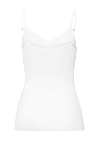 Camiseta blanca de tirantes ajustables, con escote en V y una textura suave y elástica. Diseño ajustado sin patrones ni acentos.