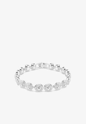 Swarovski zapestnica z izmeničnimi okroglimi srebrnimi biseri in prozornimi kristalnimi akcenti, z varnim zapiranjem in poliranim finishem.