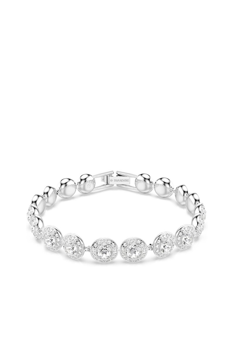 Swarovski karkötő váltakozó kerek ezüst gyöngyökkel és tiszta kristály díszítéssel, biztos záródással és fényes felülettel.