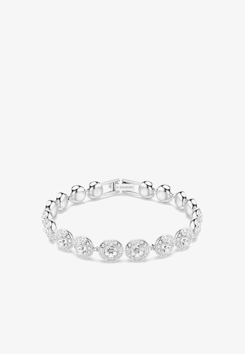 Bracelete Swarovski com contas redondas em prata alternadas e acentos em cristal transparente, com fecho seguro e acabamento polido.