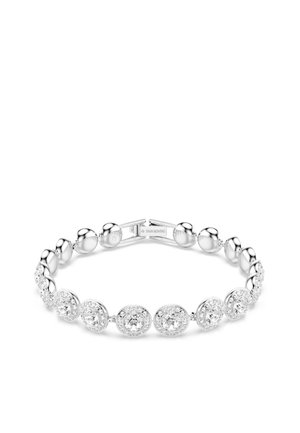 Bracelete Swarovski com contas redondas em prata alternadas e acentos em cristal transparente, com fecho seguro e acabamento polido.