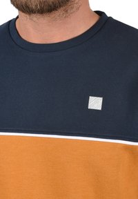 Sweatshirt en coton bleu marine et orange avec col rond. Caractérisé par un design à blocs de couleurs horizontaux, une bande blanche et un petit logo carré texturé.