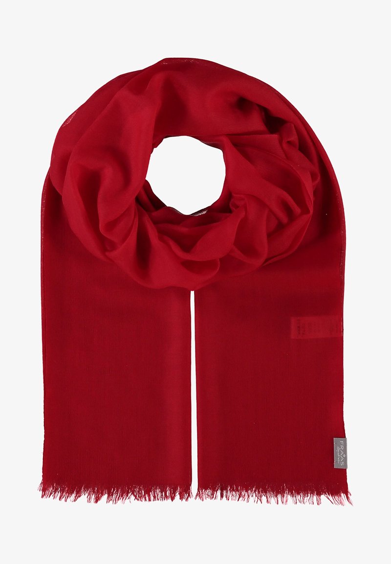 Écharpe rouge en tissu doux, présentant une texture lisse et des bords frangés. Le design est simple, avec une forme de boucle arrondie.