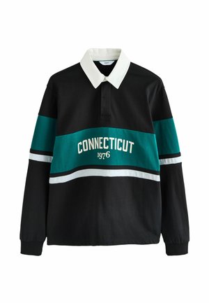 Schwarzes Langarm-Polohemd mit einem weißen Kragen, das türkisfarbene und weiße horizontale Streifen aufweist. "CONNECTICUT 1976" ist auf der Vorderseite aufgedruckt.
