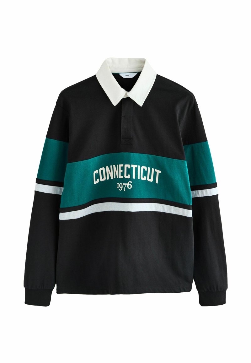 Černé polo tričko s dlouhým rukávem a bílým límečkem, s tyrkysovými a bílými vodorovnými pruhy. Na přední straně je nápis "CONNECTICUT 1976".