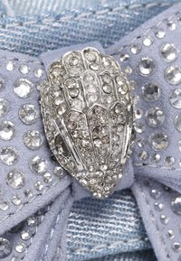 Fermoir en argent avec des détails complexes et des strass transparents incrustés, posé sur un tissu doux et bleu clair avec des accents brillants.