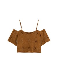 Brown, short-sleeve crop top made of suede with open shoulders, featuring diamond cutouts and floral piercings for texture and detail.