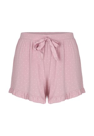 Roze damesshort met witte polkadots, een gestrikte strik aan de elastische tailleband en gerimpelde zoom.
