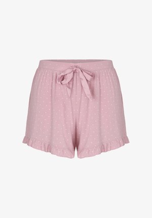Roze damesshort met witte polkadots, een gestrikte strik aan de elastische tailleband en gerimpelde zoom.