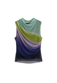 Ärmelloses Oberteil aus geschichtetem, drapiertem Stoff. Die Farben wechseln von Hellgrün zu Lila und Marineblau. Glatte Textur mit einem großzügigen Halsauschnitt.