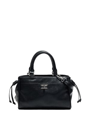 Schwarze Lederhandtasche mit doppelten Griffen, abnehmbarem Schulterriemen, seitlichen Kordelzügen und einem rechteckigen Metallschloss vorne.