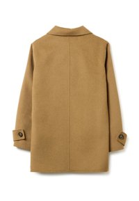 Cappotto di lana marrone con taglio dritto, colletto con spacchi e polsini abbottonati. Tessuto liscio e design semplice, con una cucitura centrale sul retro.
