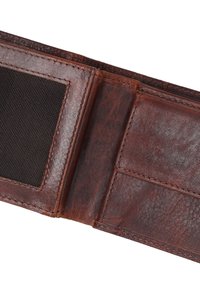Brown leather wallet with a textured finish, featuring a fabric ID window and multiple card slots, stitched accents, and a folded design.