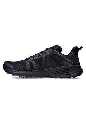 Black trail running shoe with mesh and synthetic upper, textured outsole, reinforced toe cap, and prominent logo on the side.