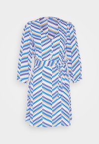 Kurzärmliges Kleid mit einem gemusterten Design aus blauen, orangen und weißen Zickzackformen. Mit einem Wickelband in der Taille und V-Ausschnitt.