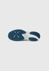 Sneaker sole with a textured rubber surface; predominantly white with blue accents. Features grooves and patterns for traction.