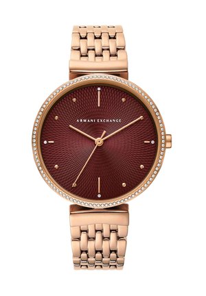 Rose gold-tone Armani Exchange wristwatch with textured burgundy dial, gold hour markers, crystal bezel, and linked metal bracelet.