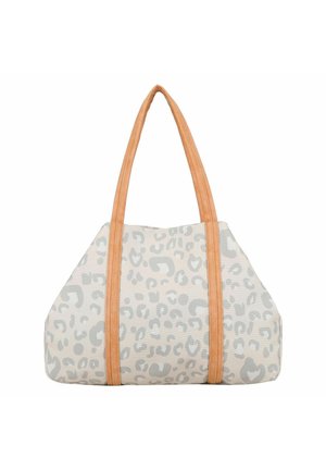 Sac fourre-tout beige avec un motif léopard gris, doté de deux longues poignées en cuir marron clair et d'une bande verticale en cuir à l'avant.