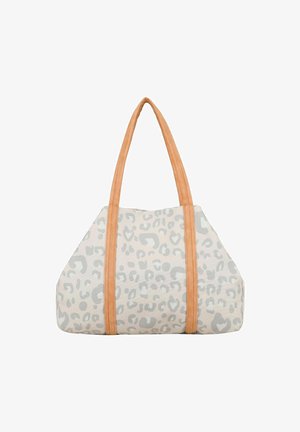 Sac fourre-tout beige avec un motif léopard gris, doté de deux longues poignées en cuir marron clair et d'une bande verticale en cuir à l'avant.