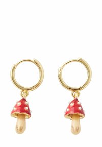 Gold hoop earrings featuring red mushroom charms with white polka dots and a small beige stem. The design is playful and whimsical.