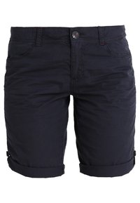 Pantaloni corti blu navy realizzati in tessuto misto cotone, con risvolti, tasche frontali e chiusura con bottone, arricchiti da dettagli di cucitura discreti.