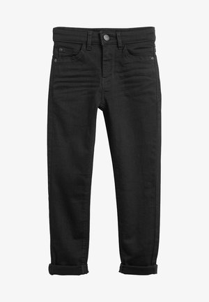 Black denim jeans with a slim fit, featuring a button closure, five pockets, and rolled hems. Smooth texture with minimal fading.