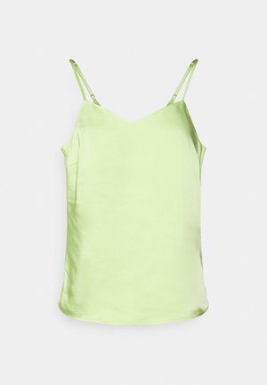 Camisola de cetim verde-claro com decote em V, alças finas e uma textura suave. Design minimalista sem padrões ou embellishments.