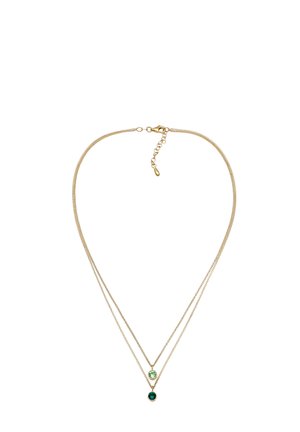 Gold-toned double chain necklace featuring two circular pendants, one green and one teal, with a fine cable chain and lobster clasp.