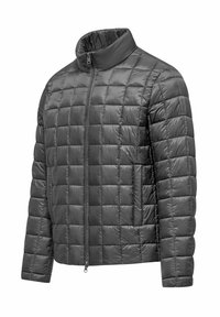 Giacca a vento in grigio scuro, con zip frontale, colletto alto, texture trapuntata e tasche laterali per riporre oggetti.