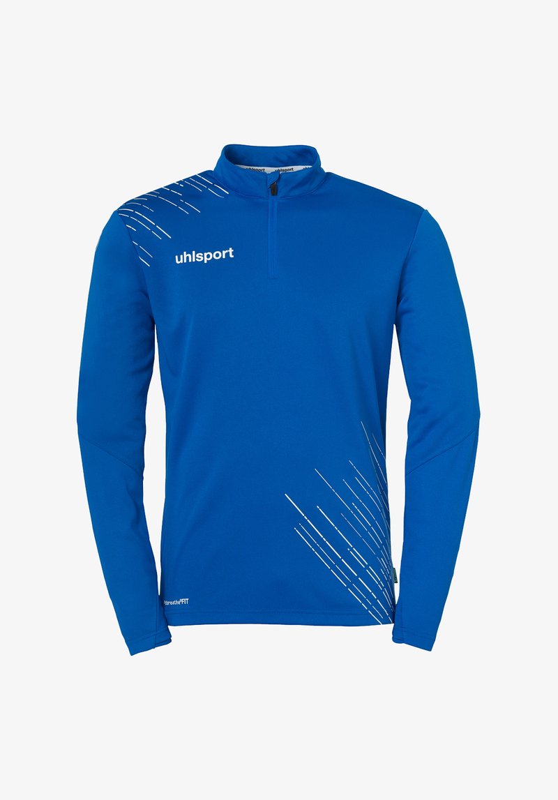 Maglietta atletica a maniche lunghe blu con colletto a zip quarti. Presenta un design a strisce diagonali bianche sul lato sinistro e il logo "uhlsport".
