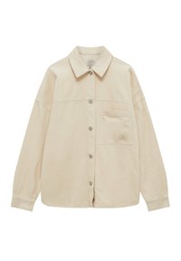 Beige kordfløjljakke med knaplukning foran, spids krave, lange ærmer og en brystlomme med et lille mærke. Struktureret stof.