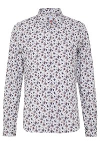 Bílá košile s květinovým vzorem v námořnické modré, červené a žluté barvě. Má dlouhé rukávy, límec s knoflíky a klasický střih.