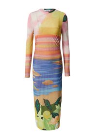 Robe à manches longues, ajustée, avec un design graphique coloré comprenant des motifs de coucher de soleil, d'océan et d'éléments floraux. Fabriquée en tissu doux.