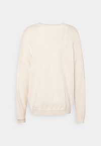 Pull léger beige avec des manches longues, un col rond et une coupe décontractée. Texture douce avec des poignets et un ourlet côtelés, sans motifs ou garnitures visibles.