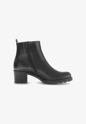 Schwarze Knöchelstiefel aus glattem Leder, mit einem seitlichen Reißverschluss und einem strukturierten Blockabsatz. Die Außensohle besitzt ein Profil für besseren Grip.