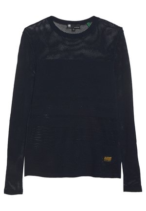 Černé dlouhé síťované tričko s jednolitým panelem na hrudi a malou žlutou štítkem G-Star v pravém dolním rohu vpředu.