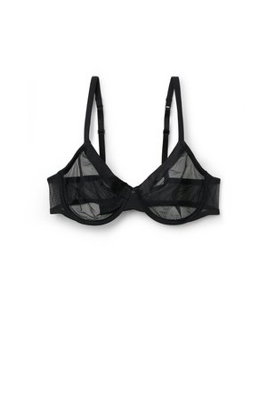 Schwarzer Netz-BH mit weichen Körbchen, verstellbaren Trägern und einem minimalistischen Design mit horizontalen Banddetails. Leichter Glanz und semi-transparente Textur.