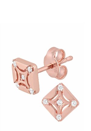 Boucles d'oreilles carrées en or rose avec quatre pierres précieuses claires aux coins et un motif géométrique complexe au centre.