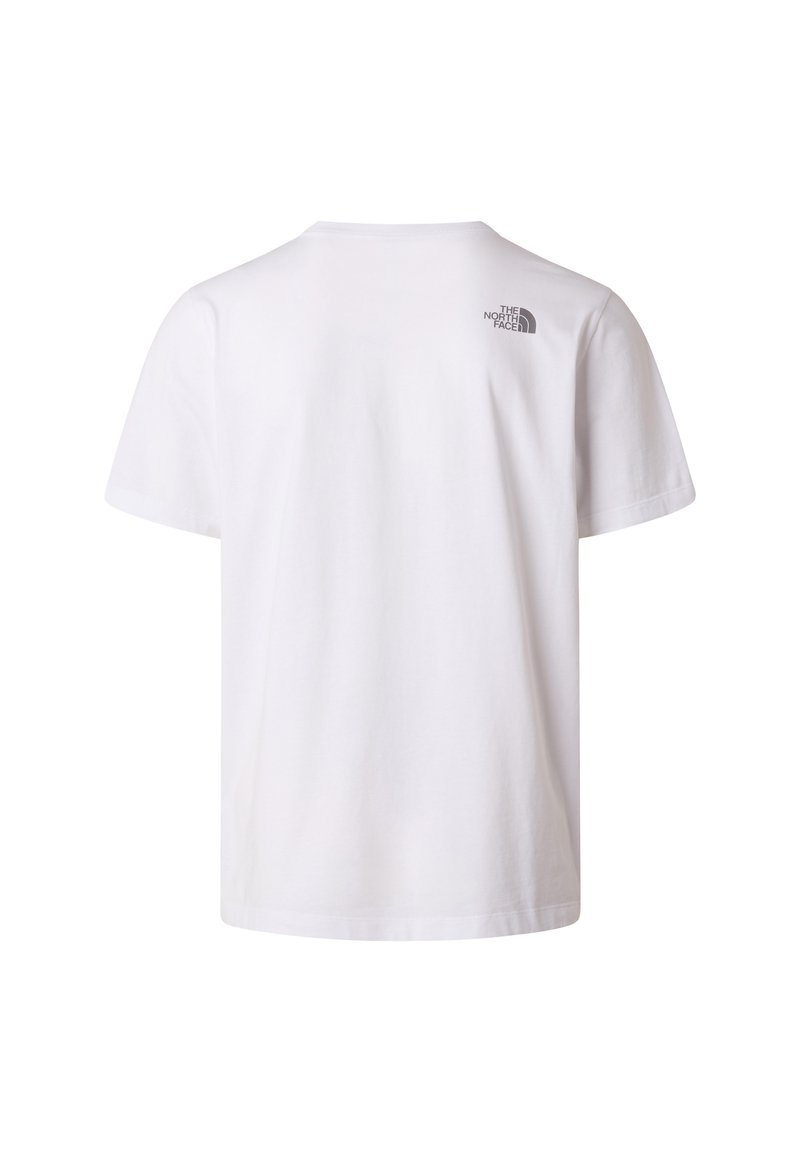 White cotton t-shirt with short sleeves. Features a small gray logo on the upper back. Simple design and regular fit.