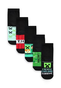 Sæt af fem sorte sokker med Minecraft-tema designs, der inkluderer forskellige figurer og ikoner i farver som grøn, rød og aqua.