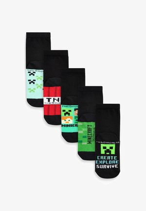Ensemble de cinq chaussettes noires avec des motifs inspirés de Minecraft, incluant divers personnages et icônes dans des couleurs comme le vert, le rouge et l'aqua.