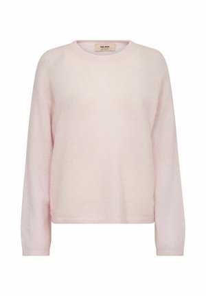 Soft light pink long-sleeve crewneck sweater with a slightly loose fit and ribbed cuffs and hem.