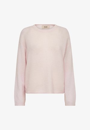 Soft light pink long-sleeve crewneck sweater with a slightly loose fit and ribbed cuffs and hem.