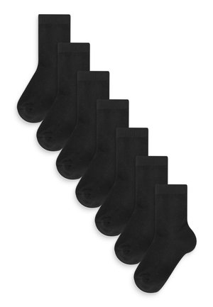 Chaussettes noires, huit paires, en mélange de coton, longueur mi-mollet, couleur unie, texture lisse, bords côtelés, orteils renforcés.