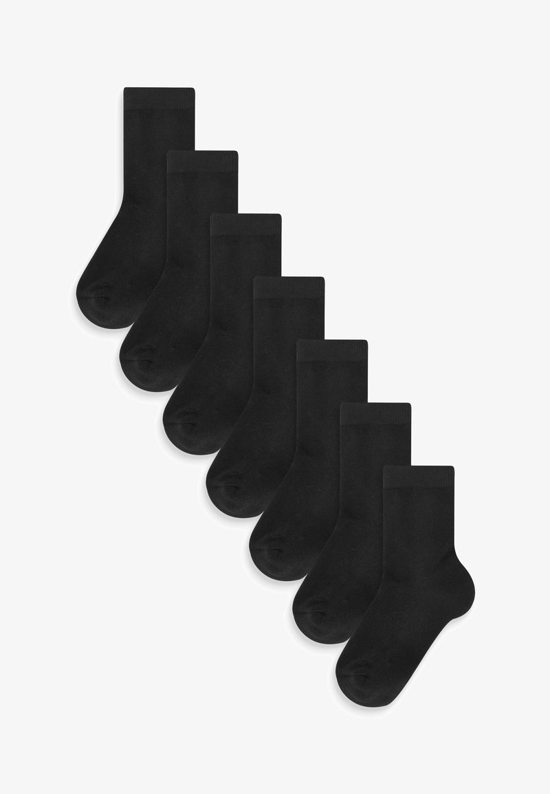 Fekete zoknik, nyolc pár, pamut keverék anyag, félhosszú, egyszínű, sima textúra, bordázott mandzsetta, megerősített orr.